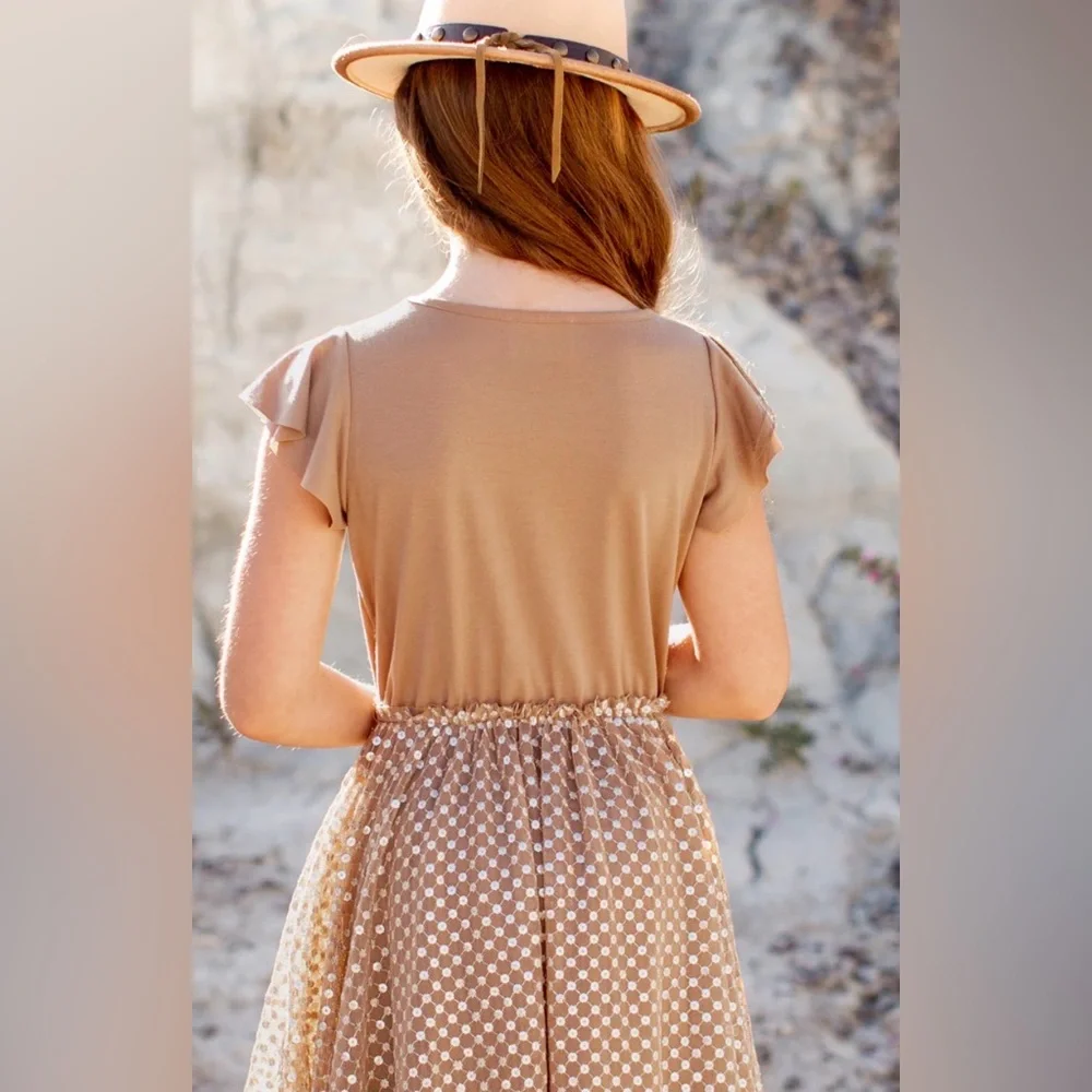 Joyfolie Girls Tina Dress Light Tan‎ Sparkle Boho Western Flowing Dress NWT, 10